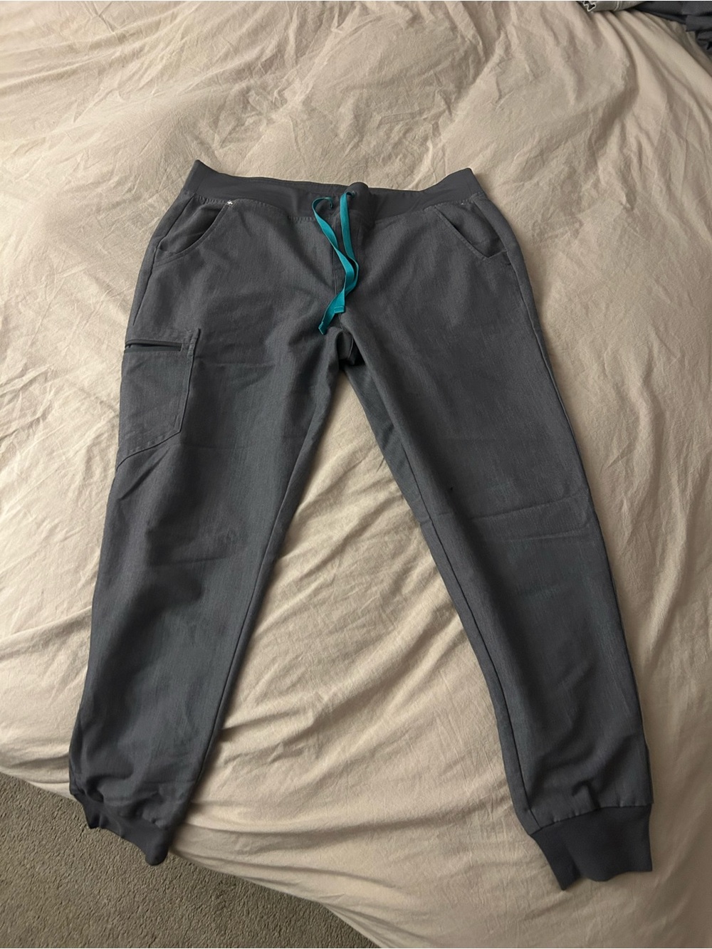 Women’s Figs Gray Jogger Pants with Teal Drawstring